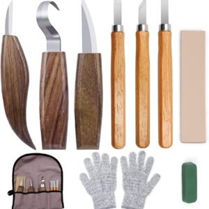 10Pcs Wood Carving Kit, Beginner Set With Resistant Gloves, Spoon & Whittling Knife, Sandpaper for Woodworking