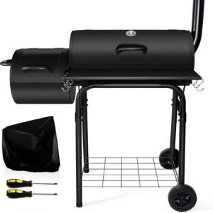 Outdoor Charcoal Grill with Smoker, Leonyo 14Inch Wide Charcoal Grill with Offset Smoker for Backyard Party Cooking, 438 Sq.in. BBQ Cooking Surface,Black