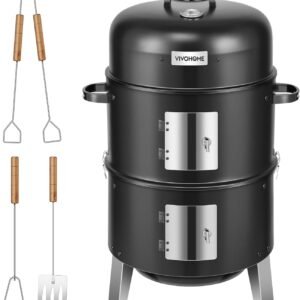 VIVOHOME 3-in-1 Vertical Charcoal Smoker, BBQ Smoker Grill with Built-in Thermometer, Air Vent, and 2 Access Doors, Idea for Parties, Backyard, Barbecues