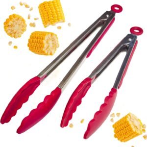 StarPack Basics Silicone Kitchen Tongs (9-Inch & 12-Inch) – Stainless Steel with Non-Stick Silicone Tips, High Heat Resistant to 480°F, For Cooking, Serving, Grill, BBQ & Salad (Cherry Red)