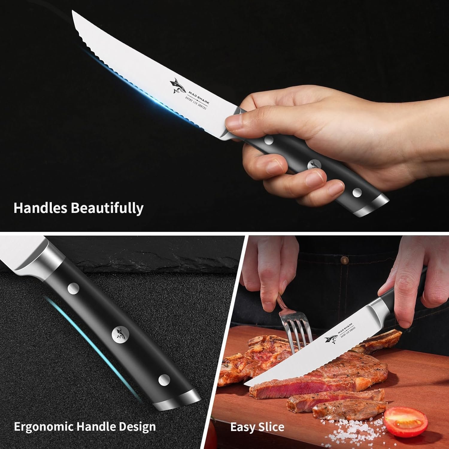 MAD SHARK 4-Piece Steak Knife Set, Premium 4.5-inch Serrated Steak Knives, Ultra Sharp German High Carbon Stainless Steel with Triple Rivet Handles, Elegant Gift Box Included - Image 5