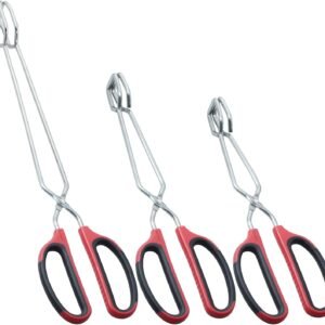 Stainless Steel Kitchen Scissor Tongs Set for Cooking, Grilling & Serving, 3-Piece with Red Handle (10/12/16 Inch)