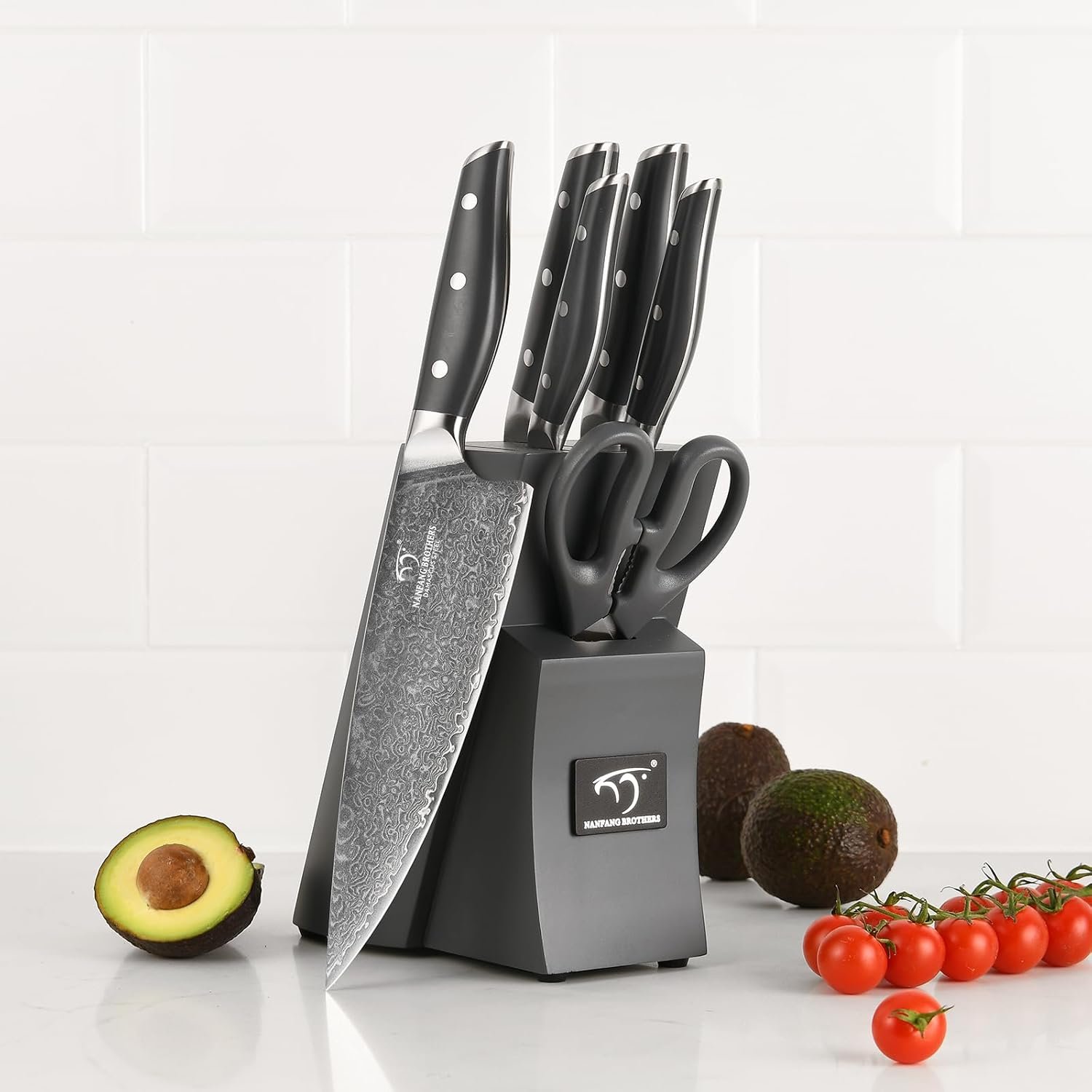NF NANFANG BROTHERS Knife Set, 7-Pieces Damascus Kitchen Knife Set with Block, ABS Ergonomic Handle for Chef Knife Set, Carving Fork, Disconnect-type Knife Block Set (Grey) - Image 6