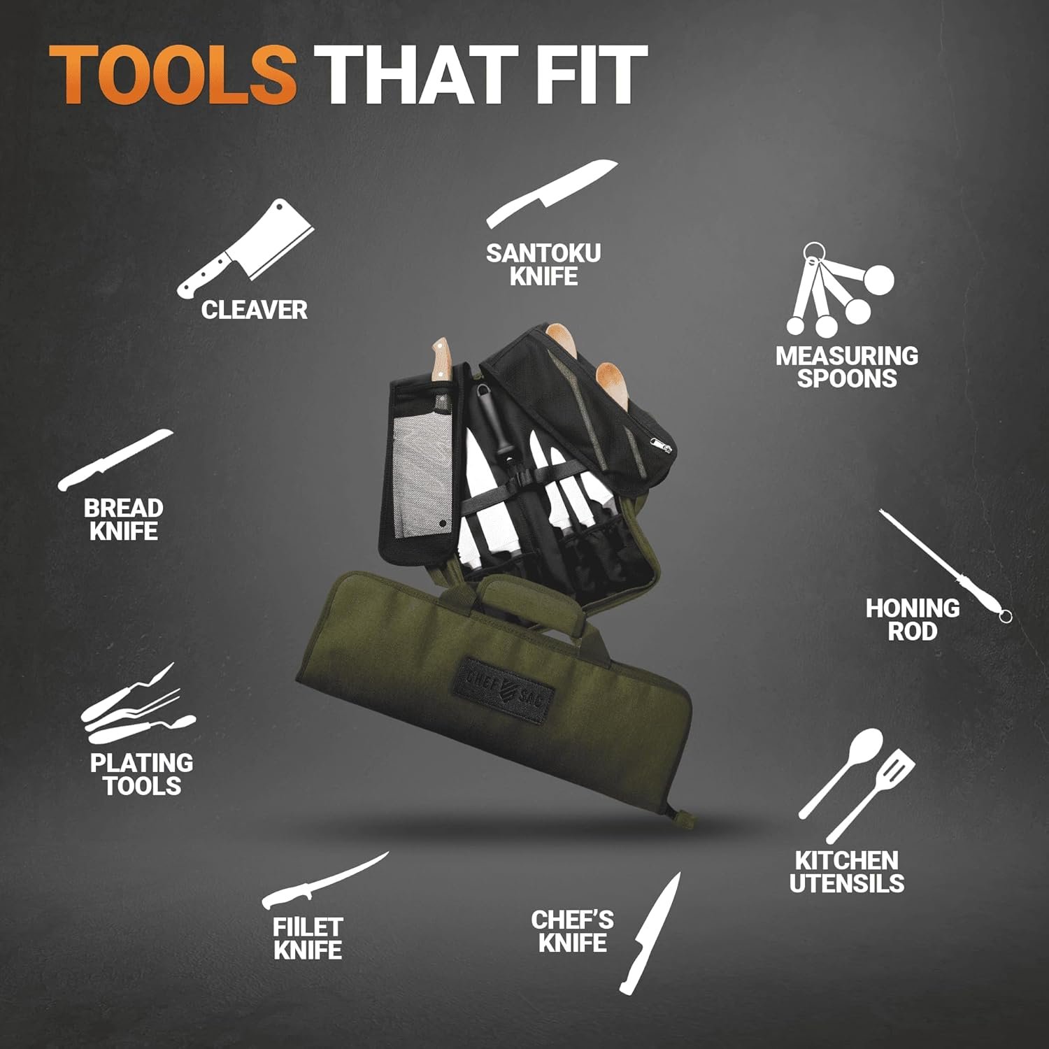 Chef Knife Bag Roll Bag Case | 8 Pockets for Knives & Kitchen Utensils | 2 Protective Flaps with Butcher Knife Pocket & Mesh Pocket | Durable Knife Case for Chefs & Culinary Students (Green) - Image 6