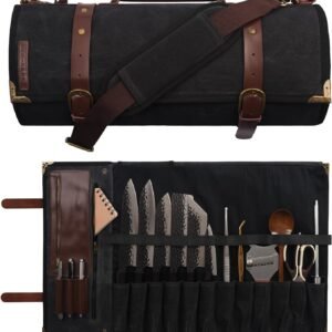 Manjushri Elegant and Light 12 Slots Professional Waxed Canvas & Genuine Leather Chef Knife Roll Bag Case with 4 Zipper Pouch Knife Organiser (Walnut Brown)