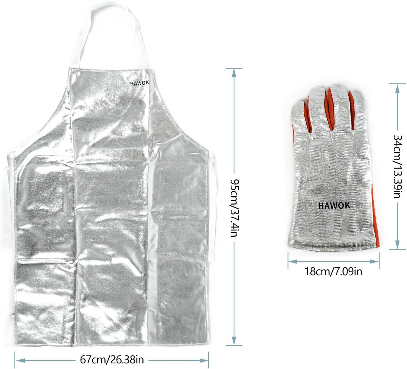 HAWOK Heat Resistant Aluminum Foil Apron and Gloves, Heat Proof Apron(37.2" L x 26.2" W) and Gloves(13.5" L x 7.4" W) for Cooking BBQ, High Temperature Working - Image 2
