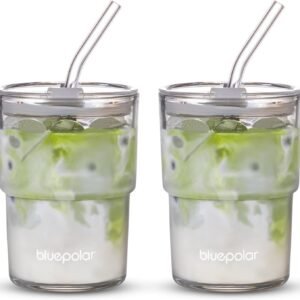 BLUEPOLAR 13oz/400ml Glass Water Tumbler with Straw and Lid Sealed Carry On Thick Wall Iced Coffee Cup Glass Cup for Water, Iced Tea Fruit Juice Etc (Aurora White,2Pack…