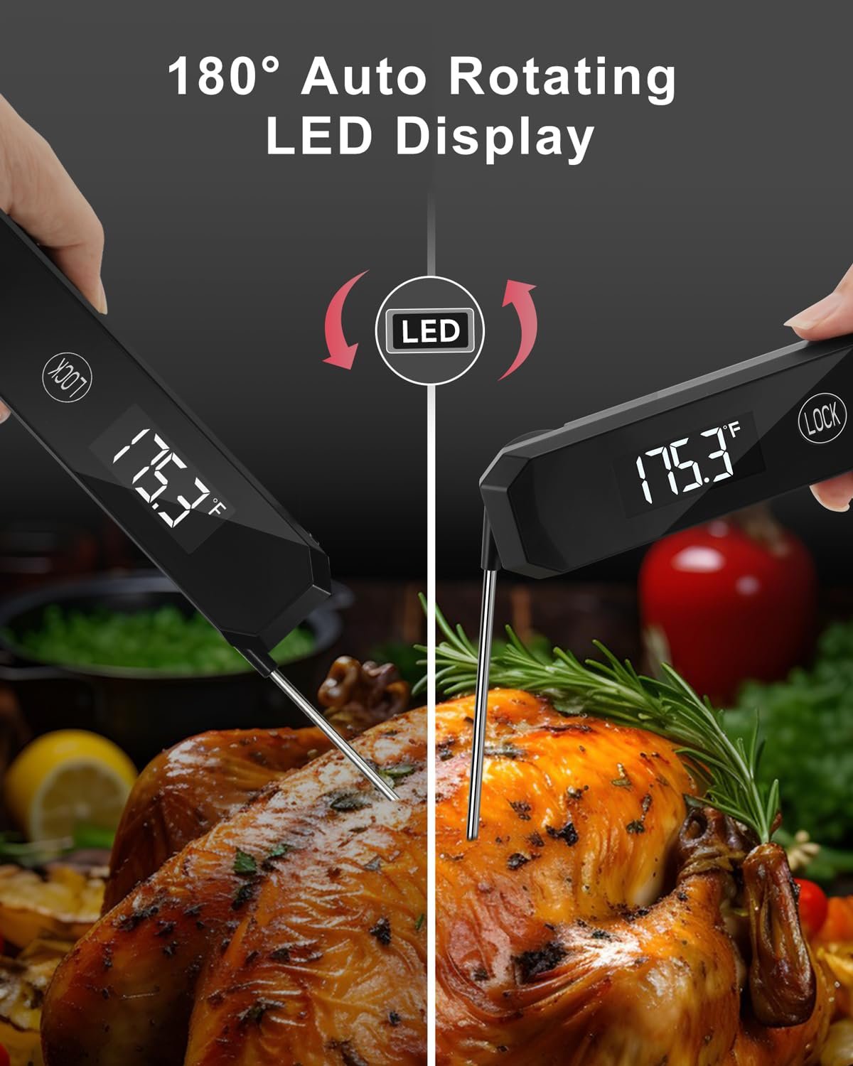 Meat Thermometer Digital 0.5 Sec Instant Read Thermometer, Accurate to ±0.5°F Ultra Fast Digital Food Thermometer for Cooking Outside Grill BBQ, 180° Auto Rotating Display, Waterproof, Auto Wake/Sleep - Image 7