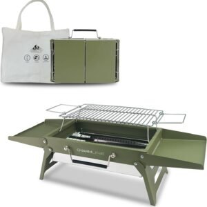 Charmline 14x9inch Small Desktop Charcoal Grill, Liftable Grilling Net, Saving Space Grill for Indoor and Outdoor, BBQ Grill for Camping, Gardens, Picnics, Beach Parties, Green