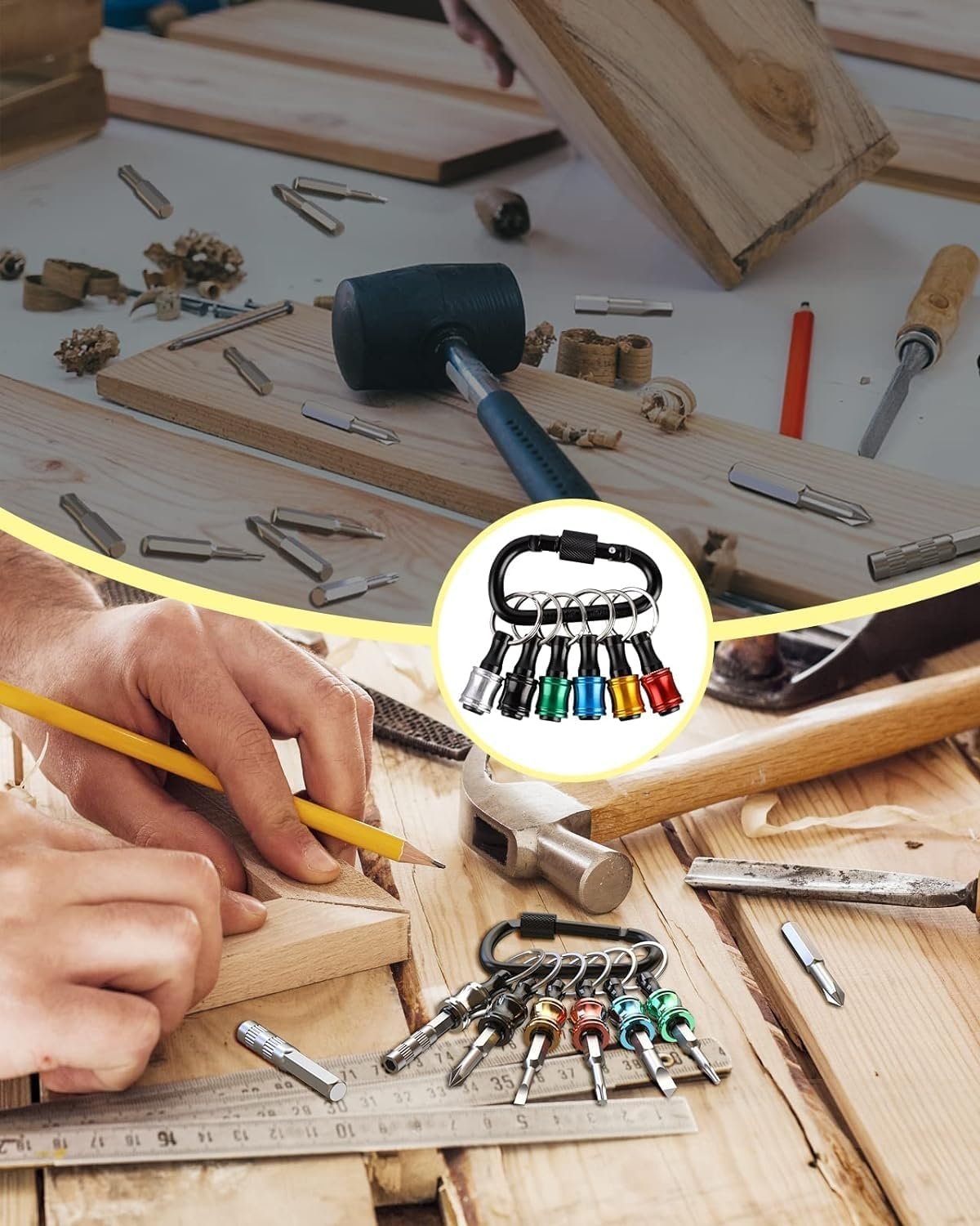 Push to Unlock,Katerk 6pcs 1/4 inch Hex Shank Aluminum Alloy Screwdriver Bit Holder Light-Weight Quick-Change Extension Bar Keychain Drill Screw Adapter Portable,Black Carabiner,Tool Gifts for Men - Image 6