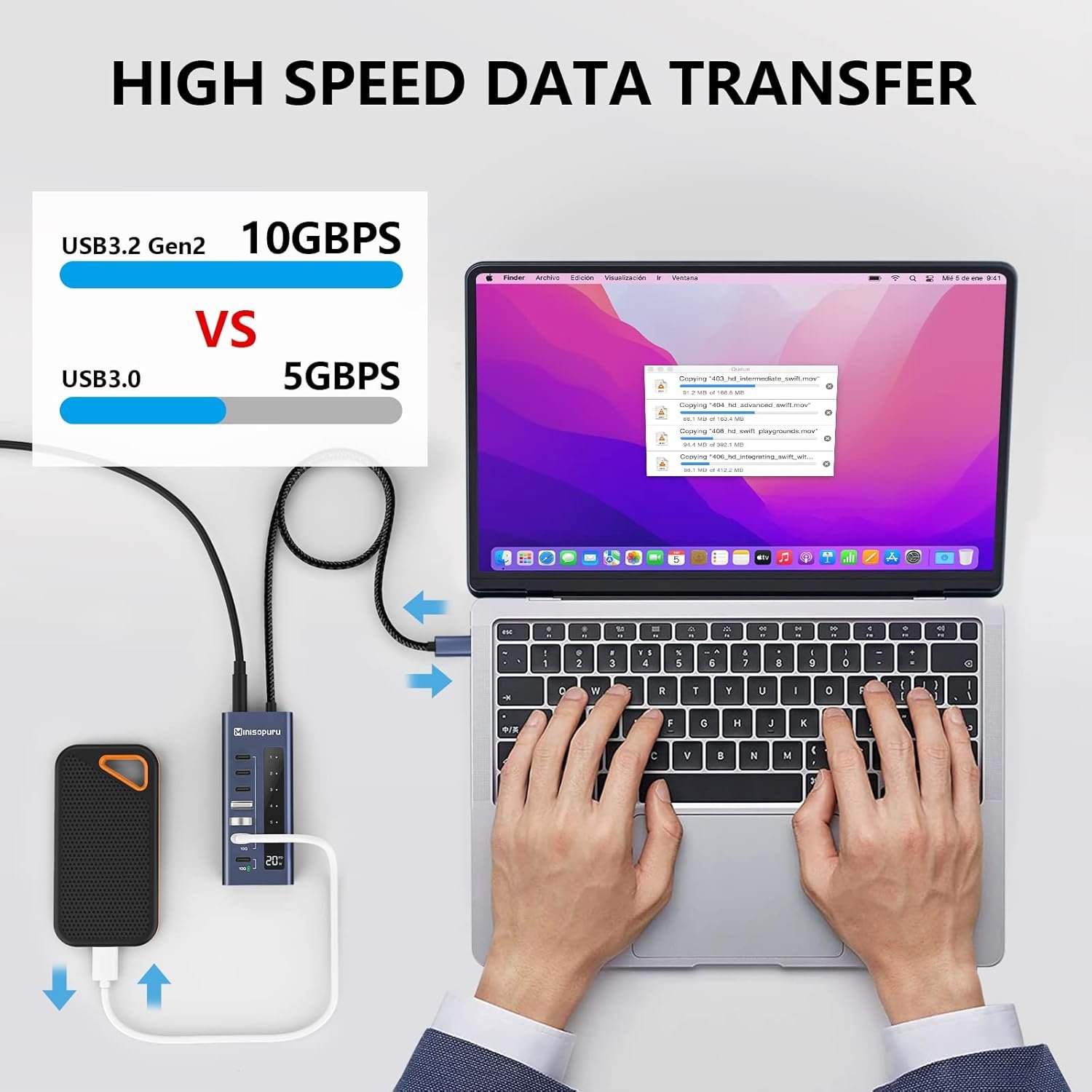 Minisopuru Powered USB C Hub, 7 in 1 USB-C Hub Support 10Gbps Data & 20W Charging, USBC Hub Powered Multiport Adapter for MacBook Pro/Air, iMac,iPad, Phone, Surface, Dell, etc.(Not Support Video) - Image 3