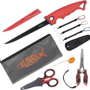 Fishing Tool Kit Fillet Knife Fishing 8pack Including Fishing Knife Fishing Scissors Fishing Pliers Saltwater Fish Measuring Ruler,Anti-Lost Lanyard Waterproof Storage BagTackle Accessory Kit