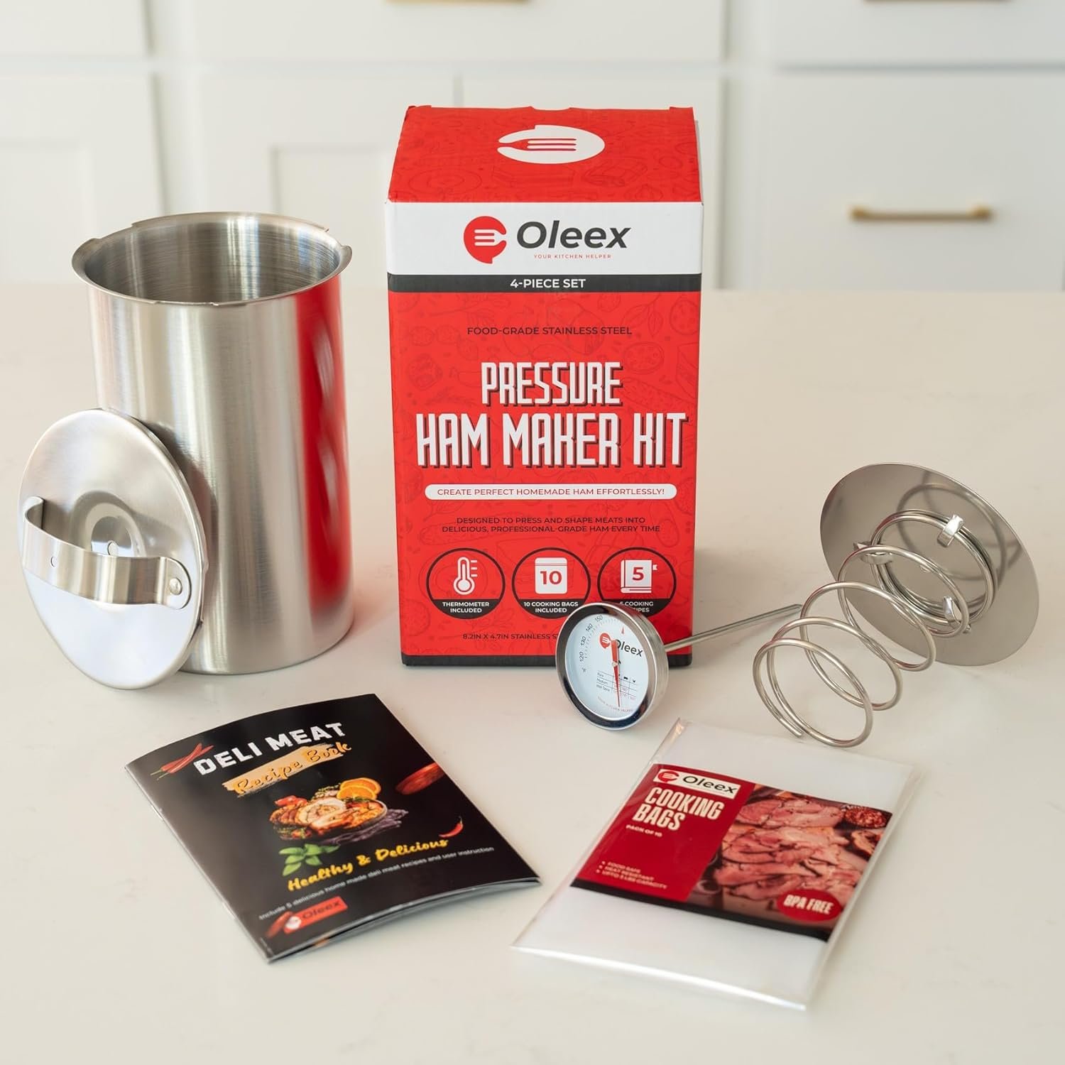 Oleex Lunch Meat Press Mold for Deli Meats-Homemade Ham Maker Meat Press Tool with Cooking Thermometer, 10 cooking bags & Recipe book-Multipurpose Stainless Steel Pressure Sandwich Lunchmeat Maker