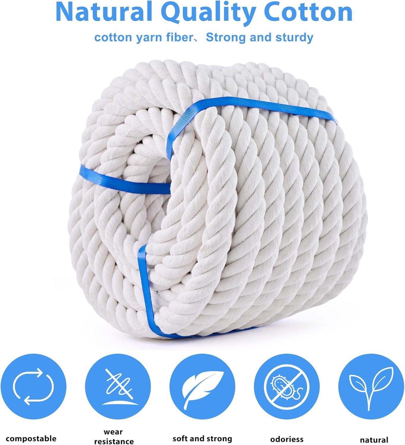 White Cotton Rope 1 inch Rope x 50ft Natural Twisted Cotton Rope,Strong 4-Strand Rope,Cotton Craft Rope,Thick Rope,Available as Tug of War Rope, Nautical Rope,and Workout Rope, etc. - Image 7