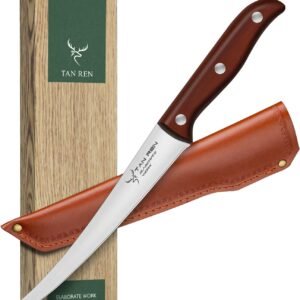 TAN REN 7-Inch Stainless Steel Boning Knife, Meat Cutting Knife with Sheath, Flexible Curved Blade for Brisket and Fish Filleting