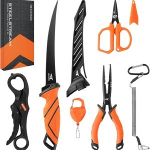 KastKing SteelStream 6pc Fishing Tool Kit – Corrosion Resistant Fishing Pliers with Lanyard, Fillet Knife, Floating Fish Lip Gripper, Fishing Braid Scissors, Tool Retractor, Fishing Gifts for Men