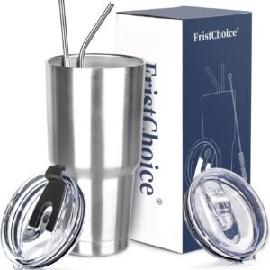30 oz Tumbler with Lids and Straws Double Wall Insulated Tumbler Cup,Stainless Steel Leak-proof Thermal Coffee Tumbler Powder Coated Travel Mug for Cold and Hot Beverages,Silver