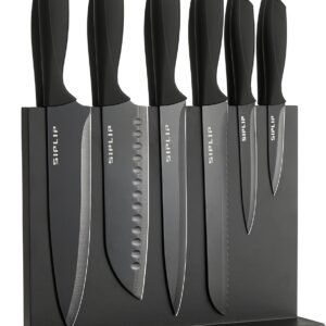 Kitchen knife set with Magnetic knife holder, 15 pieces high carbon stainless steel sharp kitchen knife set including chef’s knife, bread knife, serrated steak knife set