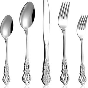 40 Pieces Retro Royal Silverware Set for 8, Stainless Steel Flatware Set, Dishwasher Safe Dinnerware Set Including Forks Spoons and Knives, Vintage Cutlery Set for Wedding, Party and Christmas