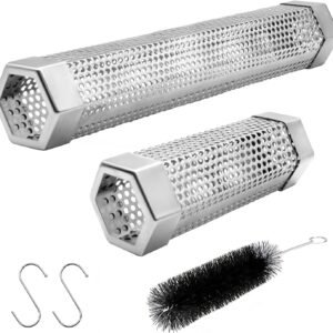 Pellet Smoker Tube Set, 6″ & 12″ Stainless Steel BBQ Wood Smoker Tube with Brush and 2 Hooks for 2.5hrs/5hrs of Billowing Cold/Hot Smoking for All Grills or Smokers, Smoking Cheese Beef Nuts Fish