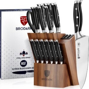 BRODARK Kitchen Knife Set with Block, Full Tang 15 Pcs Professional Chef Knife Set with Knife Sharpener, Food Grade German Stainless Steel Knife Block Set, Steel-king Series