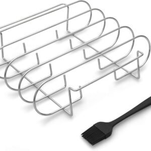 Rib Rack with 4 Slots – Heavy Duty Stainless Steel Barbecue Meat Roasting Grilling Stand with 2 Easy Grip Handles – Complete with Silicone Basting Brush