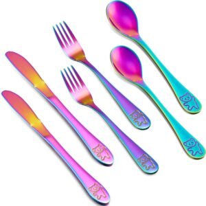 Boao 6 Pcs Utensils Silverware Set Rainbow Cutlery Stainless Steel Safe Flatware Set Includes 2 Knives 2 Forks 2 Spoons for Home