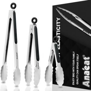 Anaeat Premium Kitchen Locking Tong Set of 3 – Heavy Duty Stainless Steel Food Tongs with Long Handle & Non-Slip Silicone Grip for Cooking, Baking, Grilling – Heat Resistant up to 480°F