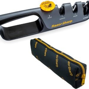 RazorSharp™ Knife Sharpener With Adjustable Angle Guide — Diamond-Coated Ceramic Sharpening Stones for All Knives Including Precision Kitchen, Professional, Chef’s Knives — Non-Slip Rubber Edge Grip