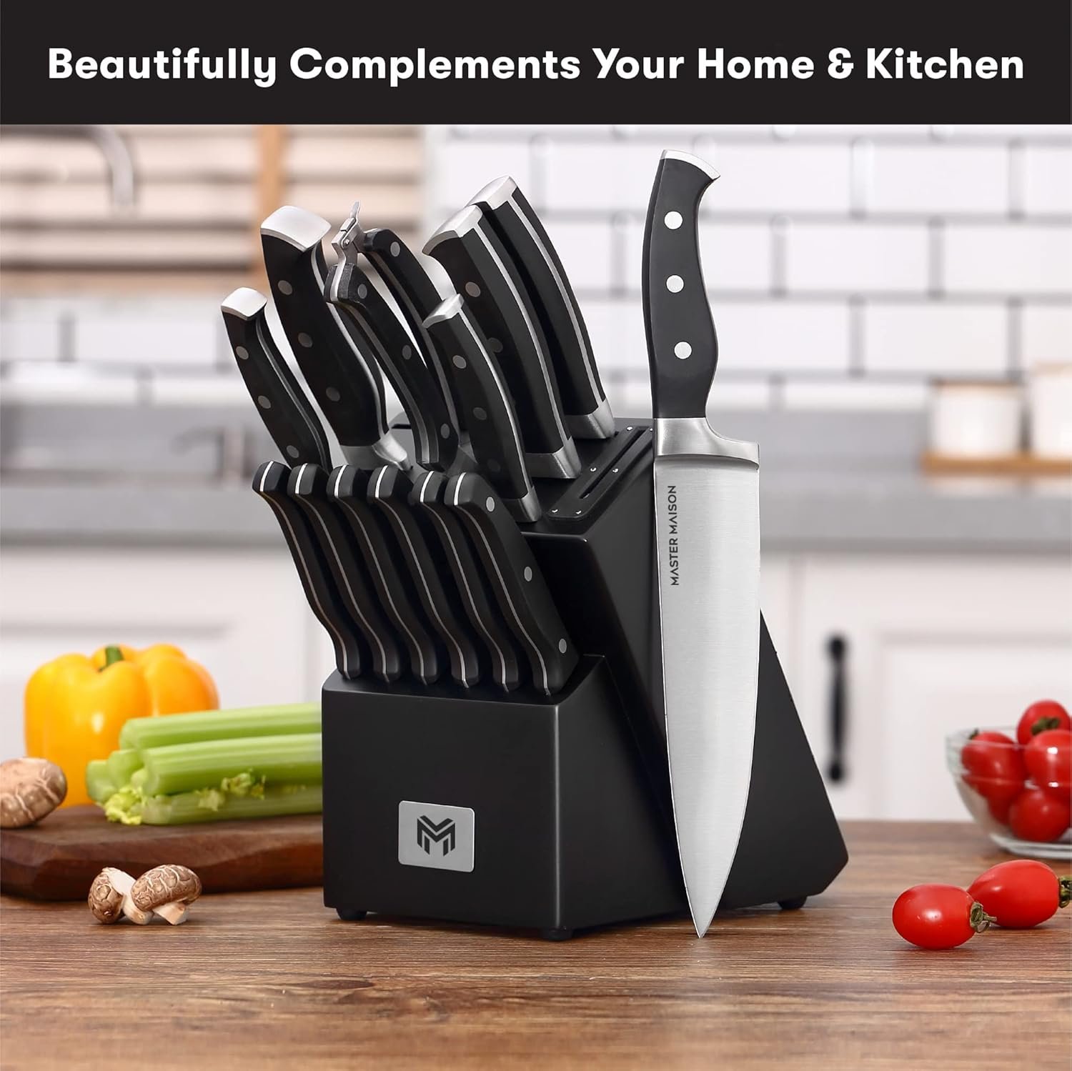 Master Maison 15-Piece Kitchen Knives Set - Wooden Knife Block Set with Sharpener - Chef, Utility, Sontoku, Carving Knife and 6 Steak Knives - Stainless Steel Blades for Professional Cooking - Black - Image 4