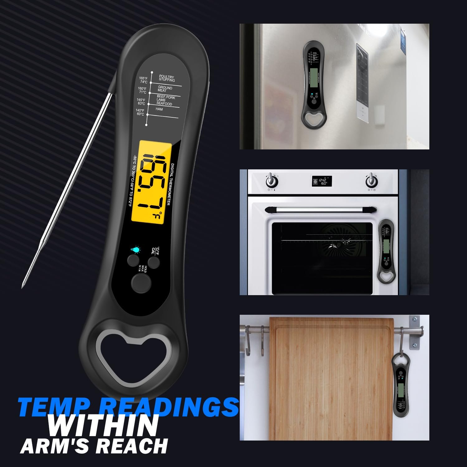 Meat Thermometer Digital, Instant Read Meat Thermometer for Grill and Cooking, with Bottle Opener, Backlight & Calibration Food Thermometer, Kitchen Gadgets for BBQ, Turkey, Candy, Liquids - Image 6