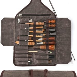 TOURBON Waxed Canvas Tool Roll Up Bag, 25-Pocket Wood Carving Chisel Carrying Case, Multi-Purpose Tool Pouch with Zipped Compartments