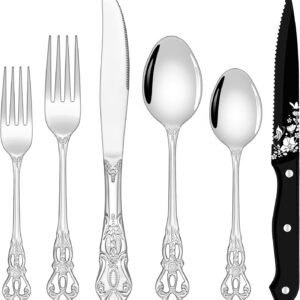 48 Pieces Retro Silverware Set for 8, Food-Grade Stainless Steel Cutlery Flatware Set with Forks Spoons Knives Set, Mirror Polished Tableware Eating Utensils Set,Dishwasher Safe