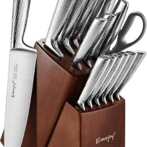 Emojoy 16-Piece Kitchen Knife Set with Wooden Block, Ripple German Stainless Steel Knife Set, Cooking Knives with Sharpener and Scissors,Sliver
