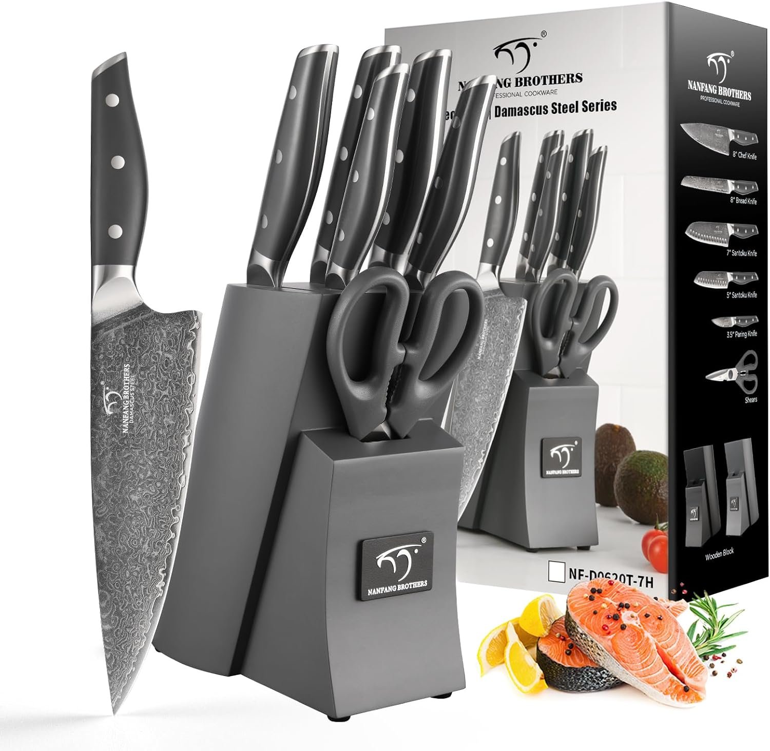 NF NANFANG BROTHERS Knife Set, 7-Pieces Damascus Kitchen Knife Set with Block, ABS Ergonomic Handle for Chef Knife Set, Carving Fork, Disconnect-type Knife Block Set (Grey) - Image 2