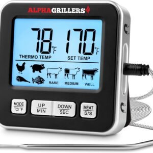Alpha Grillers Meat Thermometer Digital for Oven – Large Display Oven Thermometer for Cooking – Leave-in BBQ Grilling Probe with 7 Presets, Timer, Alarm – Gifts for Men Him Boyfriend Husband