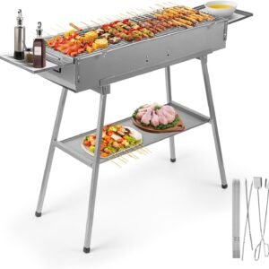 IRONWALLS Portable Charcoal Grill Outdoor Cooking, 32”L x 10”W Folded Camping Barbecue Grill with Storage Shelf, Metal Kebab Skewers, Rectangular Lamb Skewer Grill for Backyard Party Picnic Travel