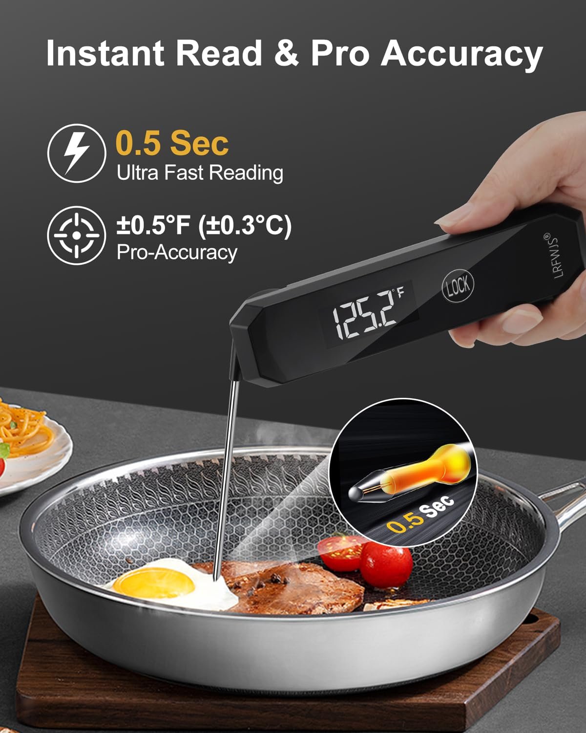 Meat Thermometer Digital 0.5 Sec Instant Read Thermometer, Accurate to ±0.5°F Ultra Fast Digital Food Thermometer for Cooking Outside Grill BBQ, 180° Auto Rotating Display, Waterproof, Auto Wake/Sleep - Image 2
