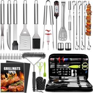 34Pcs Grill Accessories Grilling Gifts for Men, 16 Inches Heavy Duty BBQ Accessories, Stainless Steel BBQ Tools with Thermometer, Grill Mats for Backyard, BBQ Set for Men Women