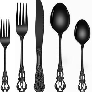 Black Silverware Set, Ollex 30-Piece Retro Royal Flatware Set for 6 with Fork Spoons and Knives Stainless Vintage Utensils Set for Kitchen/Party Tableware Cutlery Set, Dishwasher Safe