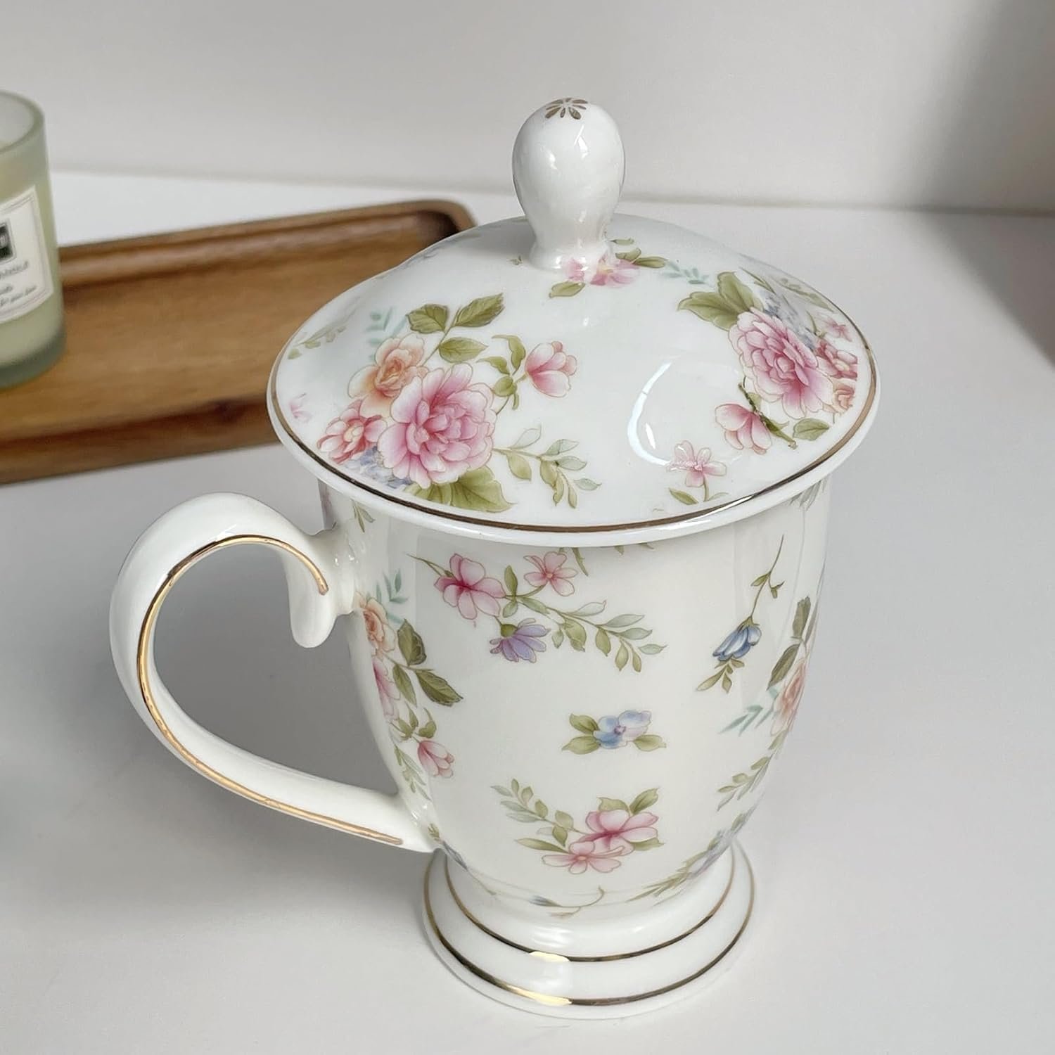 Ceramic Mug,Fine Bone China Tea Cup, Tea Mugs for Women, Tea Cup with Lid, Suitable for Making Tea, Cold Drinks, Hot Drinks, Coffee, Etc, 10 oz - Image 5