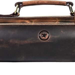 Leather Knife Roll Storage Bag, Elastic and Expandable 10 Pockets, Adjustable/Detachable Shoulder Strap, Travel-Friendly Chef Knife Case (Dark Brown, Leather)