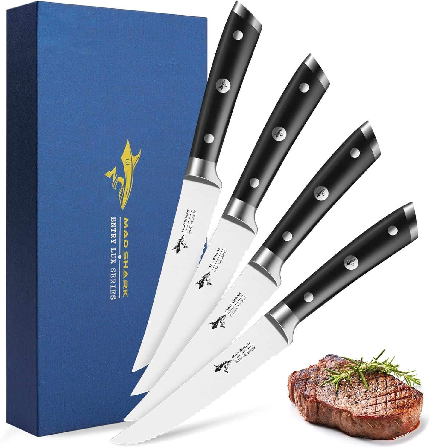 MAD SHARK 4-Piece Steak Knife Set, Premium 4.5-inch Serrated Steak Knives, Ultra Sharp German High Carbon Stainless Steel with Triple Rivet Handles, Elegant Gift Box Included