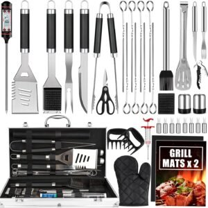 BBQ Grill Accessories Set, 38Pcs Stainless Steel Grill Tools Grilling Accessories with Aluminum Case, Thermometer, Grill Mats for Camping/Backyard Barbecue, Grill Utensils Set for Men Women