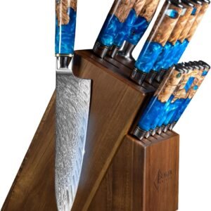 SENKEN 15-Piece Damascus Knife Block Set – “Tsunami” Collection Japanese Chef Knife Set – 67-Layer Japanese VG10 Steel Blades, Includes Chef Knife, Cleaver, Bread Knife, 6 Matching Steak Knives & More