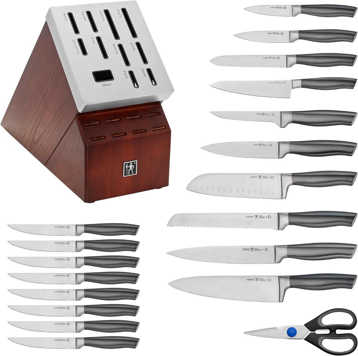 Henckels Graphite 20-pc Self-Sharpening Knife Set with Block, Chef Knife, Paring Knife, Utility Knife, Bread Knife, Steak Knife, Brown - Image 10