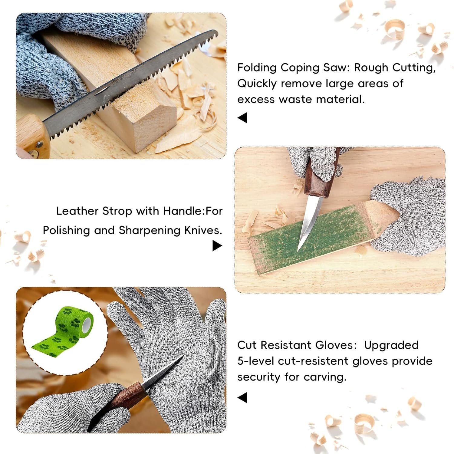 Wood Carving Tools, 22Pcs Wood Carving Kit with Leather Storage Bag & 5Pcs Whittling Knives & 5 Detail Knives & 1 Folding Saw,Whittling kit for Beginners and Enthusiasts - Image 5