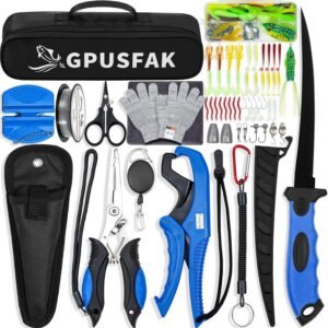 Fishing Tool Kit, 50 Pieces Fishing Gear, Fishing Pliers with Lanyard, Fillet Knife, Fish Lip Gripper, Fly Ice Fishing Hook Extractor, Anti-Cutting Gloves, Fishing Lures Baits Accessories