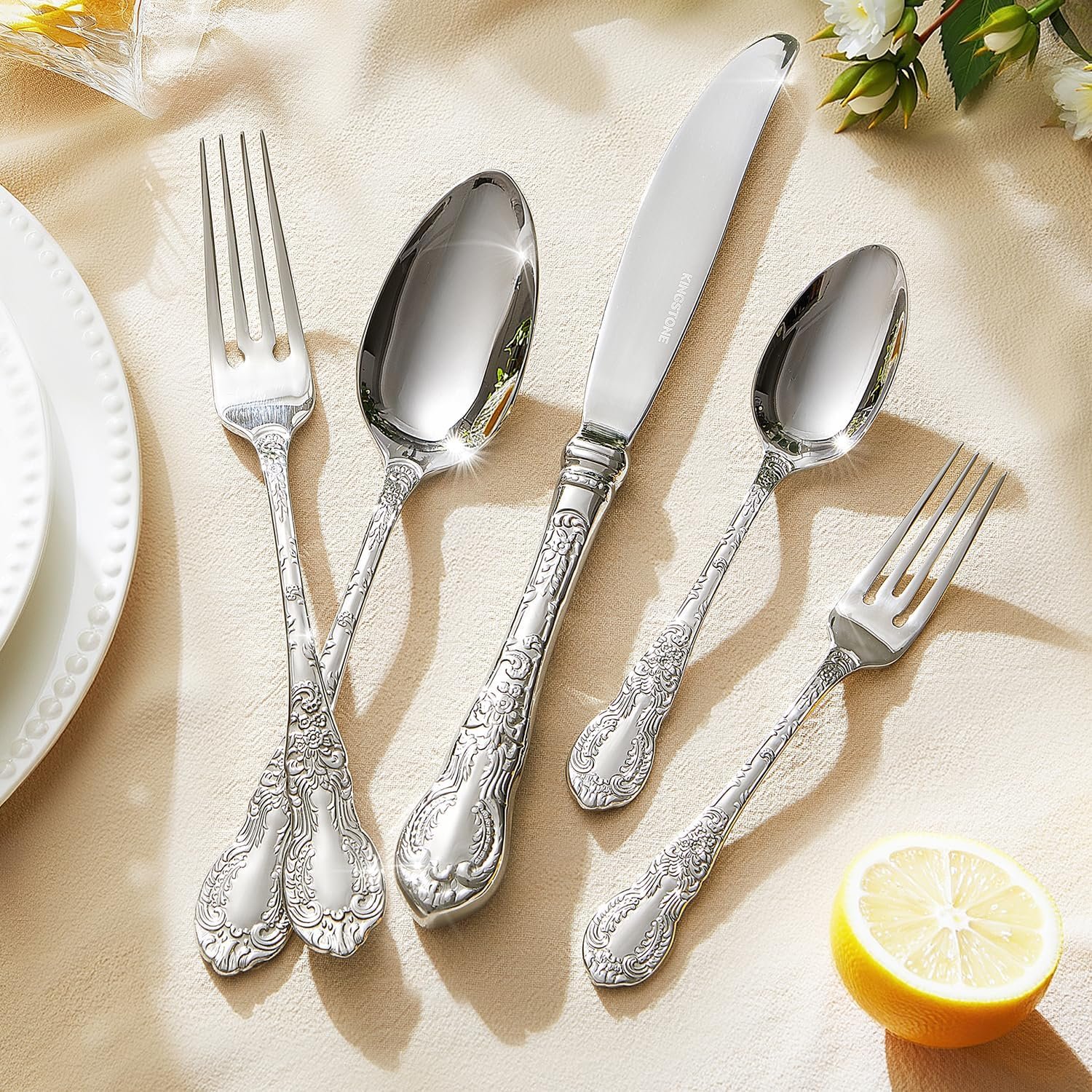 KINGSTONE Vintage Carved Silverware Set, 60-Piece 18/10 Stainless Steel Flatware Cutlery Set with Retro Royal Thick Handle, Tableware Utensils for Home, Restaurant, party, Wedding, Dishwasher Safe - Image 3