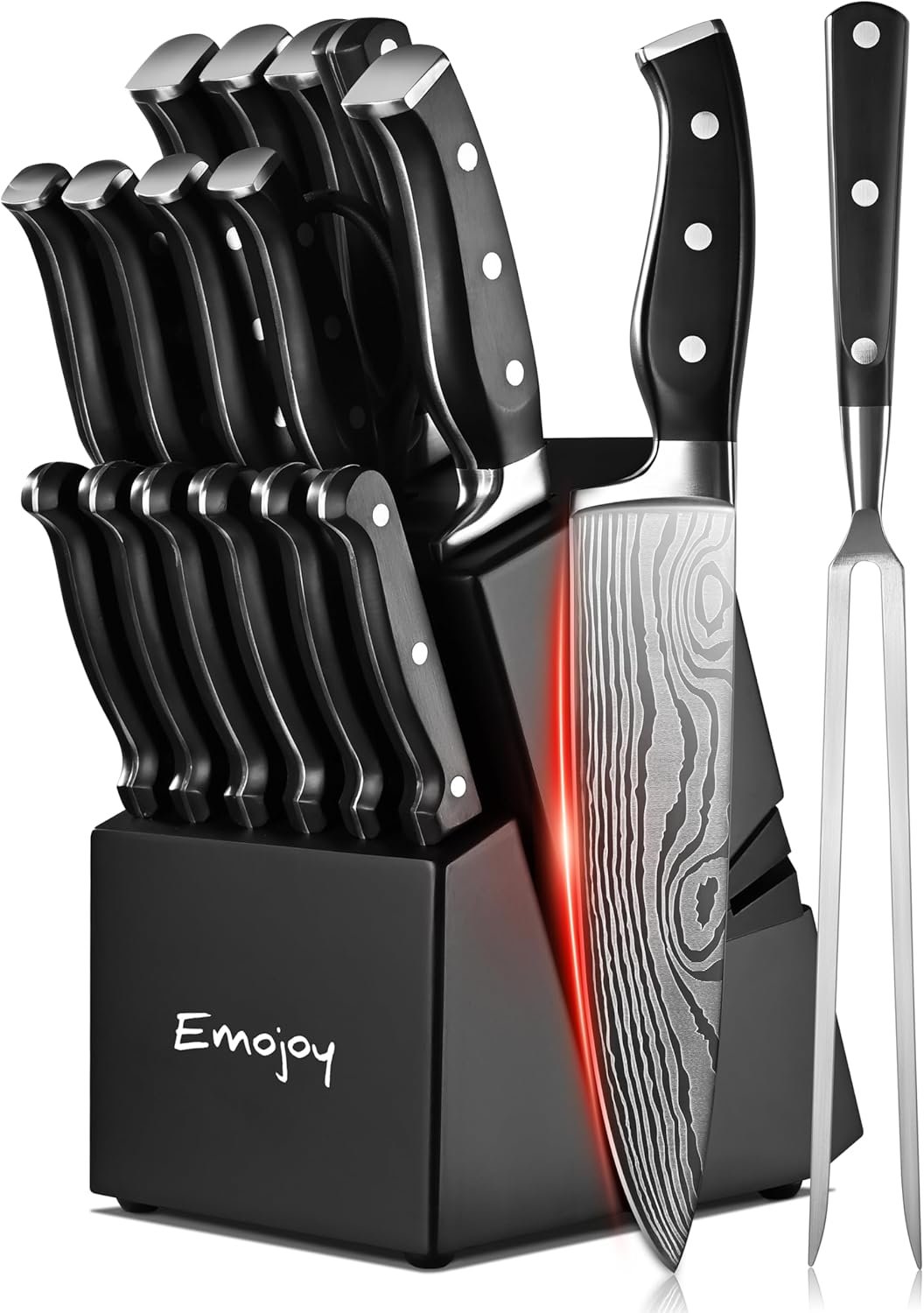 Knife Set, Emojoy 18-Piece Knife Sets for Kitchen with Block, Stainless Steel Kitchen Knives with Built-in Sharpener, Shears and Carving Fork, Black